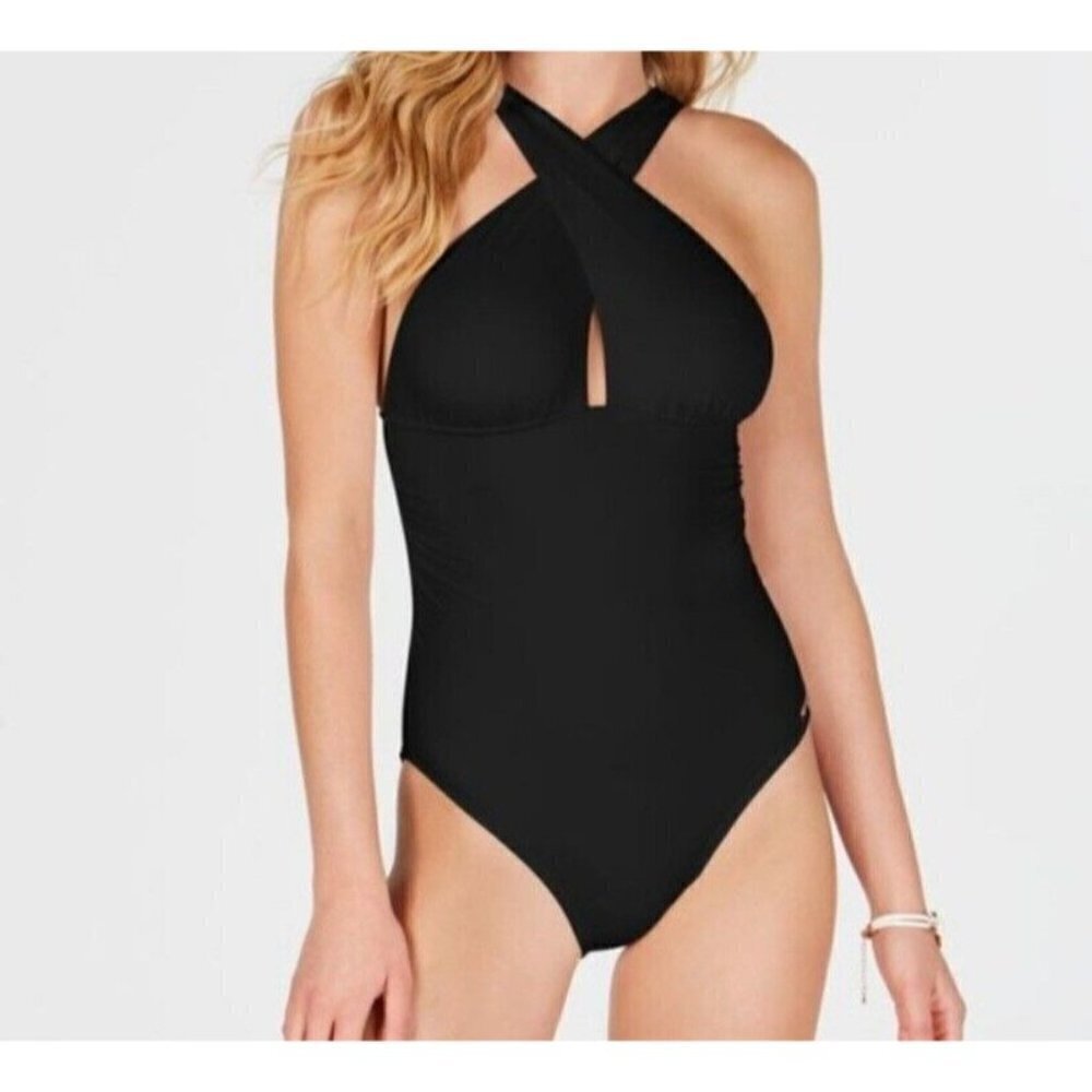 MICHAEL Kors Urban Gypsy High Neck Shirred Cross Front One-Piece Black 8